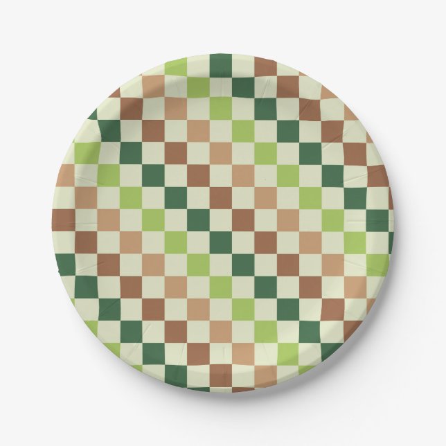 Earthy rainbow diagonal checkerboard pattern paper plates (Front)