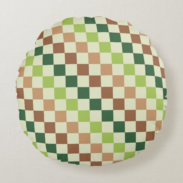 Earthy rainbow diagonal checkerboard pattern round pillow (Front)