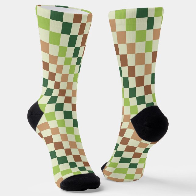 Earthy rainbow diagonal checkerboard pattern socks (Angled)
