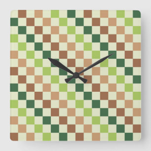 Earthy rainbow diagonal checkerboard pattern square wall clock