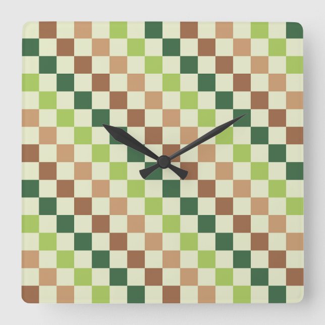 Earthy rainbow diagonal checkerboard pattern square wall clock (Front)