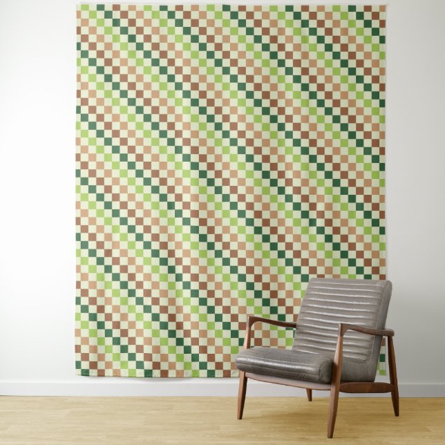 Earthy rainbow diagonal checkerboard pattern tapestry (In Situ)