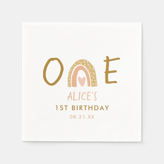 Earthy Rainbow Girl 1st Birthday Party Napkins (Front)