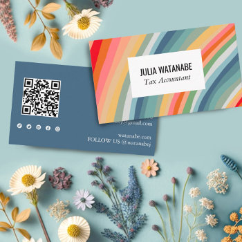 Earthy Rainbow Stripes Qr Code Social Media Chic Business Card by ShoshannahScribbles at Zazzle