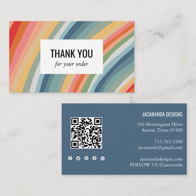 Earthy Rainbow Stripes Thank You QR Social Media  Business Card (Front/Back)
