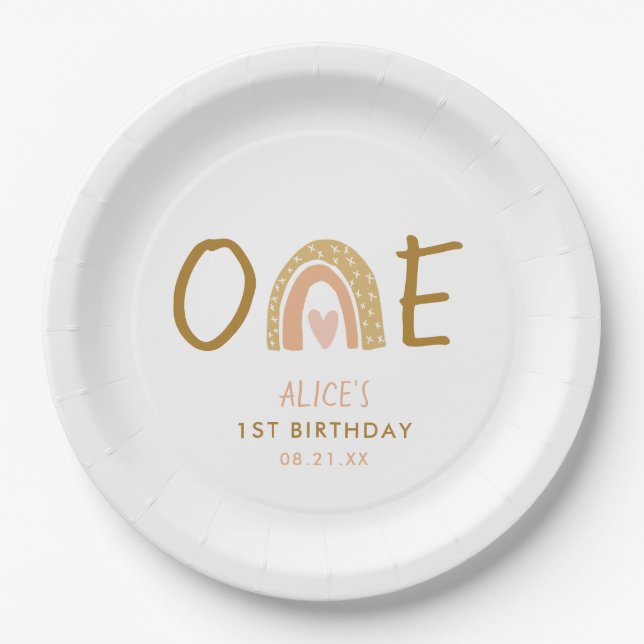 Earthy Rainbow Theme Girl 1st Birthday Paper Plates (Front)