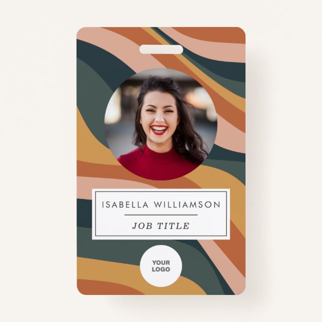 Earthy Retro Wavy Lines Employee Photo ID Badge (Front)