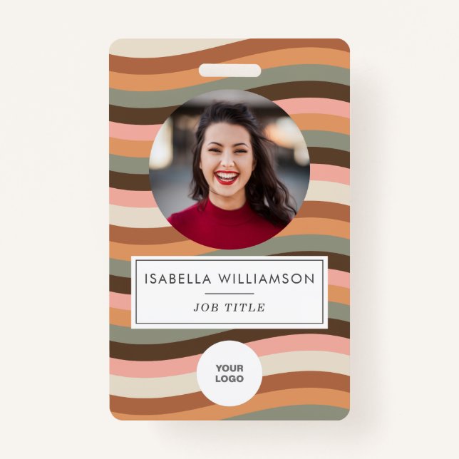 Earthy Retro Wavy Stripe Employee Photo ID  Badge (Front)