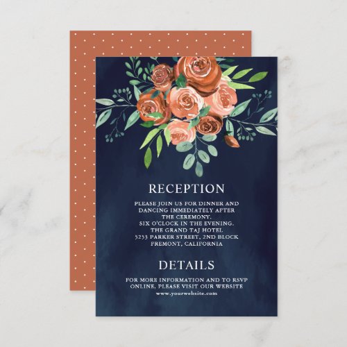 Earthy Rose Terracotta Floral Navy Wedding Details Enclosure Card