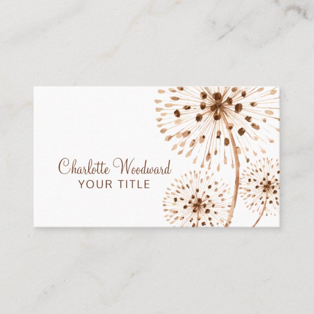 Earthy Rustic Watercolor Wind Blown Dandelion Business Card (Front)