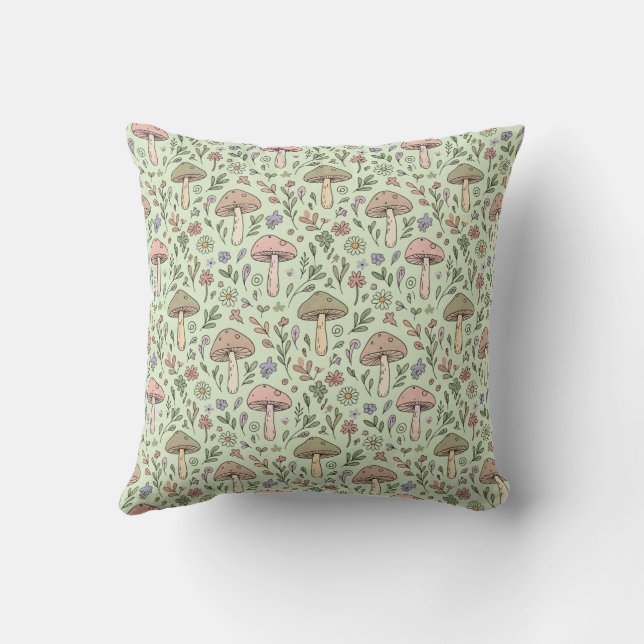 Earthy Sage Green Fungi Seamless Pattern Boho Throw Pillow (Back)