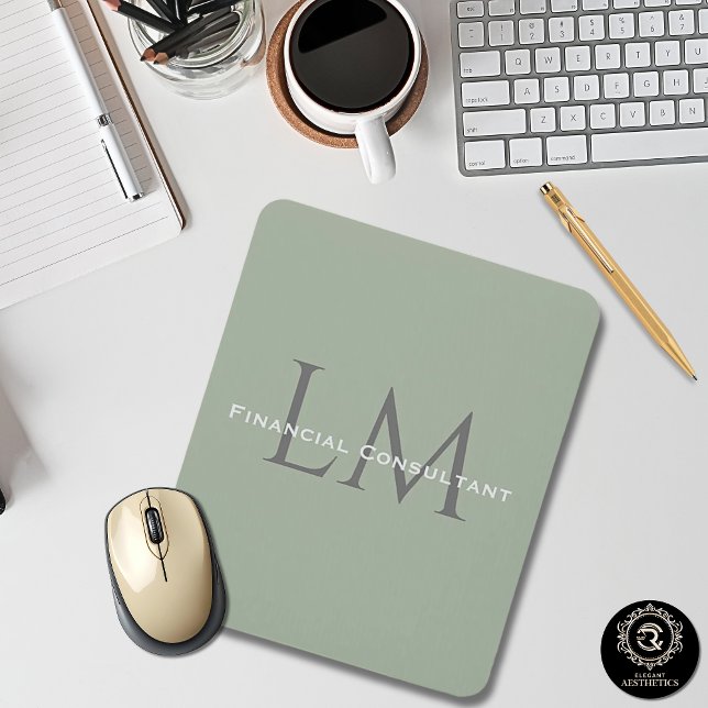 Earthy Sage Green Organic Minimalist Workspace Mouse Pad (Classic Sage Green Monogram Workspace Accent Mouse Pad)