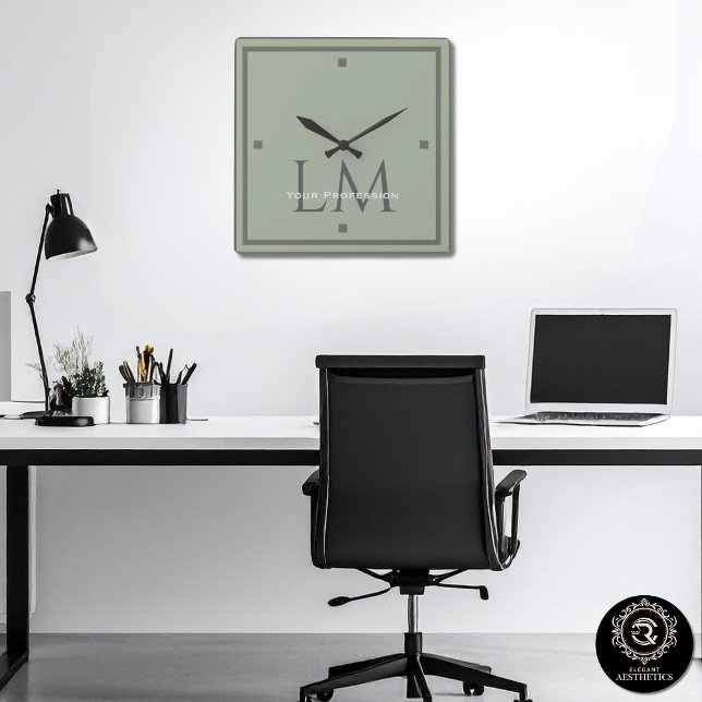 Earthy Sage Green Organic Modern Minimalist Square Wall Clock (Classic Sage Green Monogram Office Accent Square Wall Clock)