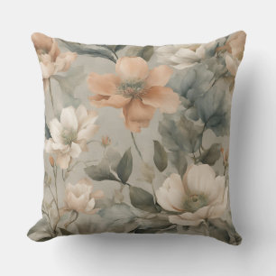 Earthy Sage Green Peach Floral Print Throw Pillow