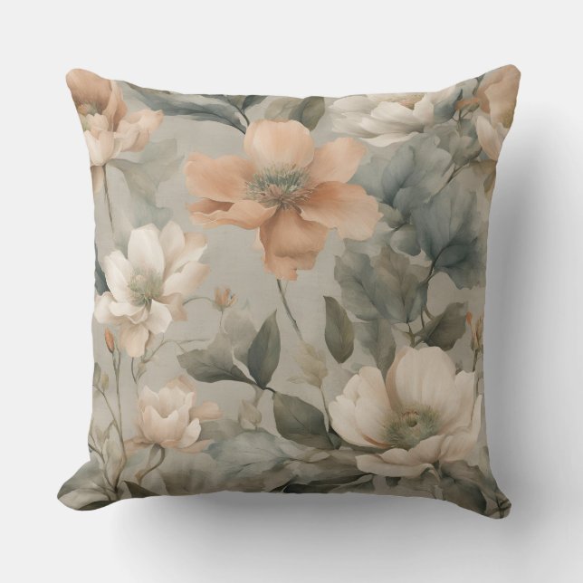 Earthy Sage Green Peach Floral Print Throw Pillow (Front)