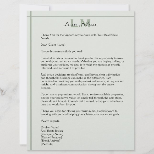 Earthy Sage Green Realtor Client Custom Letter Letterhead (Front)