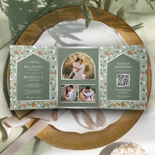 Earthy Sage Green Terrazzo Tile QR Code Wedding Tri_Fold Invitation