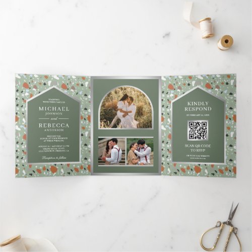 Earthy Sage Green Terrazzo Tile QR Code Wedding Tri_Fold Invitation