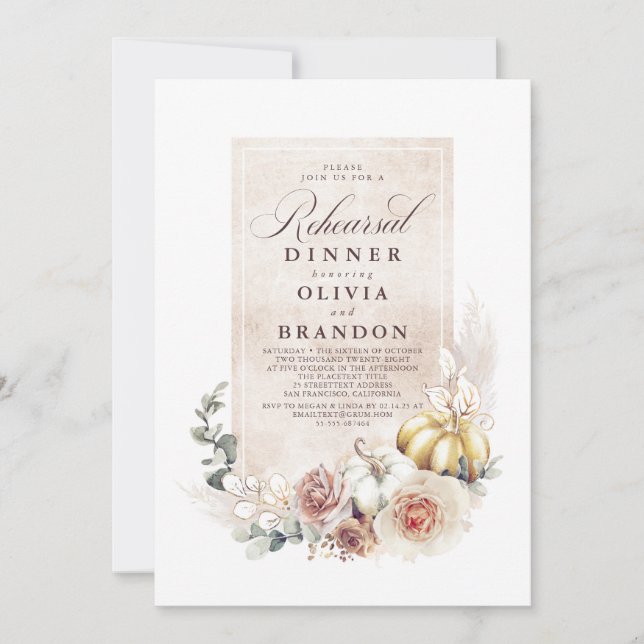 Earthy Shade Floral Pumpkins Boho Rehearsal Dinner Invitation (Front)