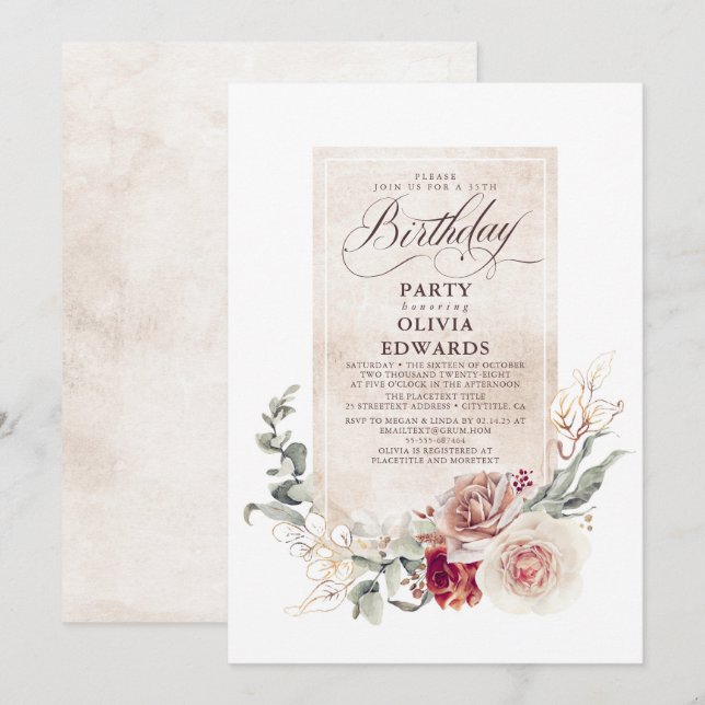 Earthy Shade Flowers Boho Elegant Birthday Party Invitation (Front/Back)