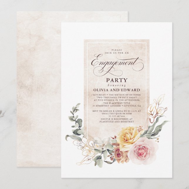 Earthy Shade Flowers Boho Elegant Engagement Party Invitation (Front/Back)
