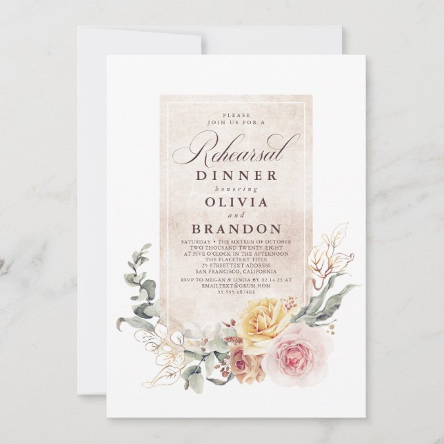 Earthy Shade Flowers Boho Elegant Rehearsal Dinner Invitation (Front)