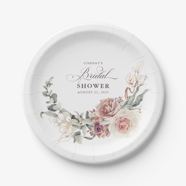 Earthy Shade Flowers Elegant Boho Bridal Shower Paper Plates (Front)