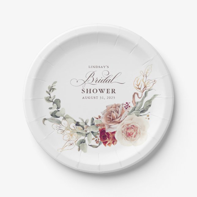 Earthy Shade Flowers Elegant Boho Bridal Shower Paper Plates (Front)