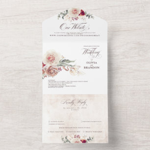 Earthy Shade Flowers Elegant Boho Wedding All In One Invitation