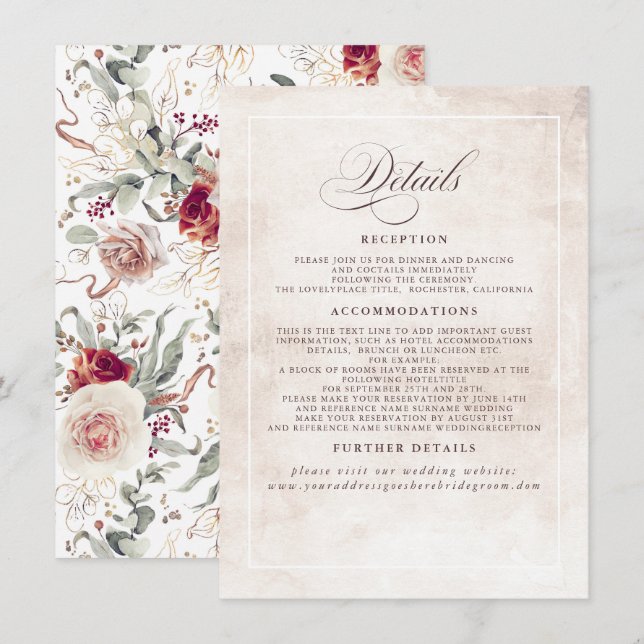 Earthy Shade Flowers Elegant Boho Wedding Details Enclosure Card (Front/Back)