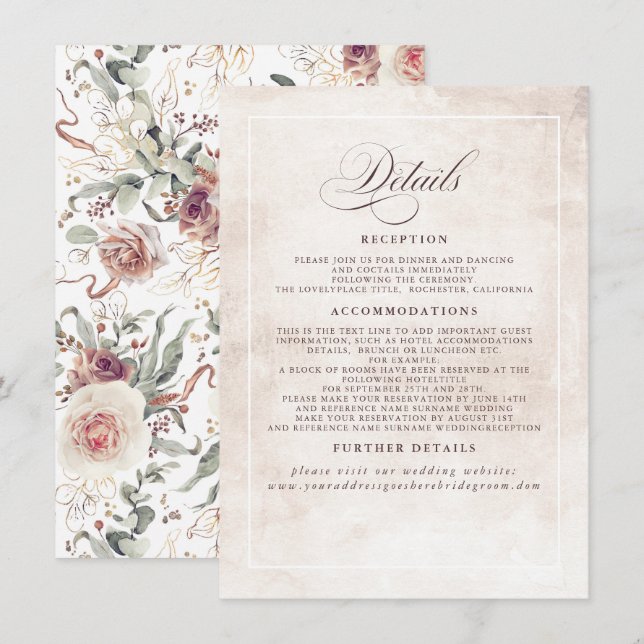 Earthy Shade Flowers Elegant Boho Wedding Details Enclosure Card (Front/Back)