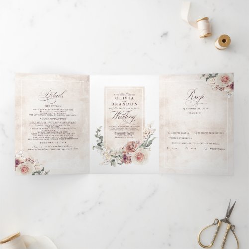 Earthy Shade Flowers Elegant Boho Wedding Tri_Fold Invitation