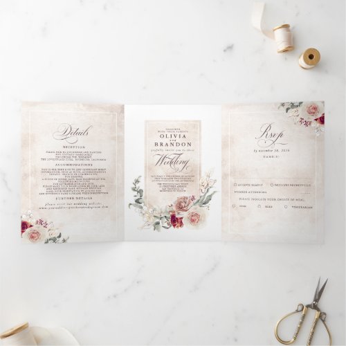 Earthy Shade Flowers Elegant Boho Wedding Tri_Fold Invitation