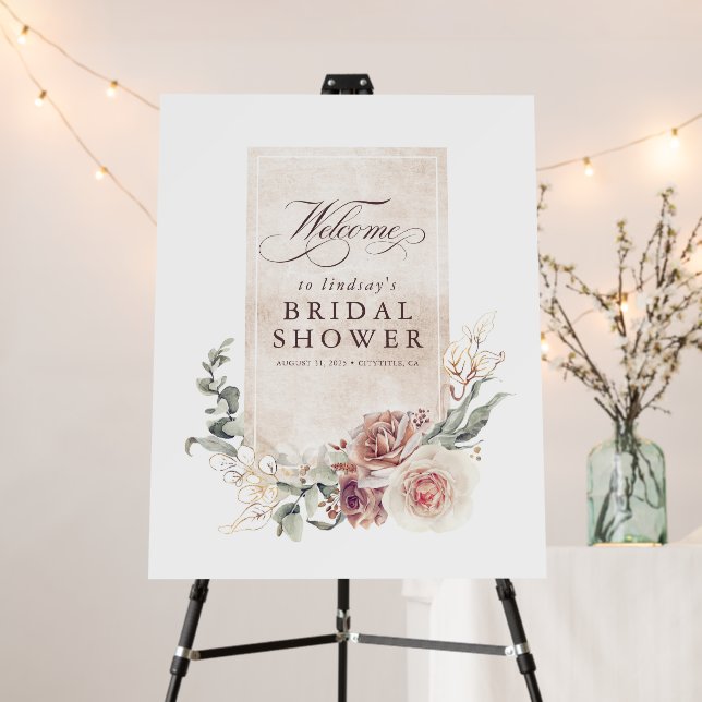 Earthy Shade Flowers Elegant Boho Welcome Sign (In Situ (Stand))