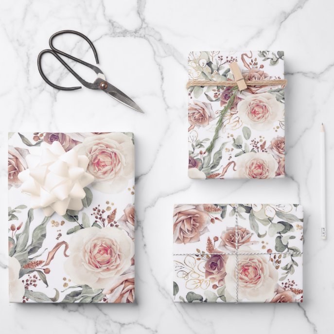 Earthy Shades Floral Botanical Watercolor Pattern                    Wrapping Paper Sheets