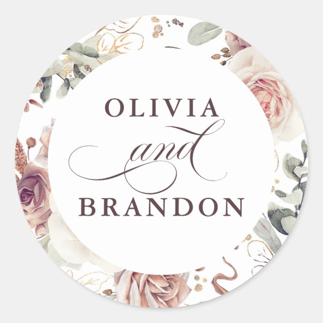 Earthy Shades Floral Elegant Wedding Classic Round Sticker (Front)