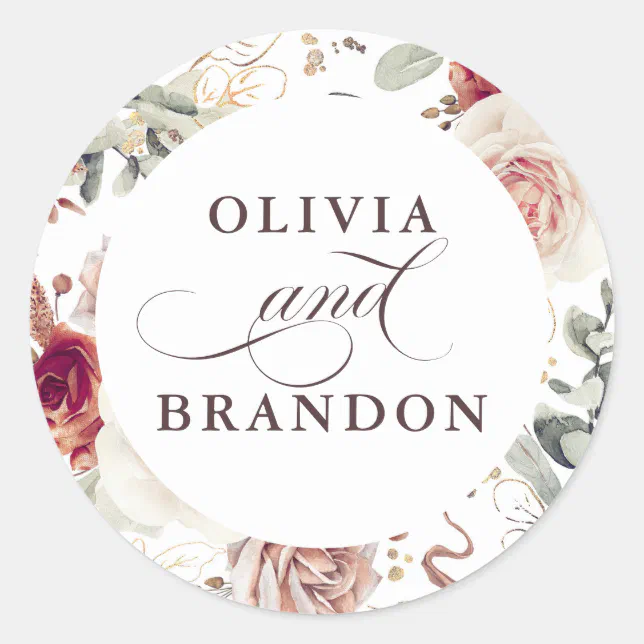 Earthy Shades Floral Elegant Wedding Classic Round Sticker | Zazzle
