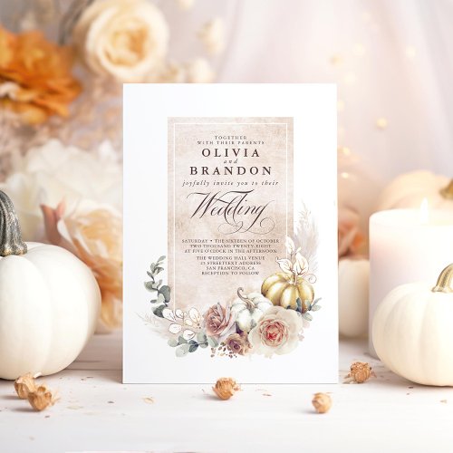 Earthy Shades Floral Pumpkins Boho Fall Wedding Invitation