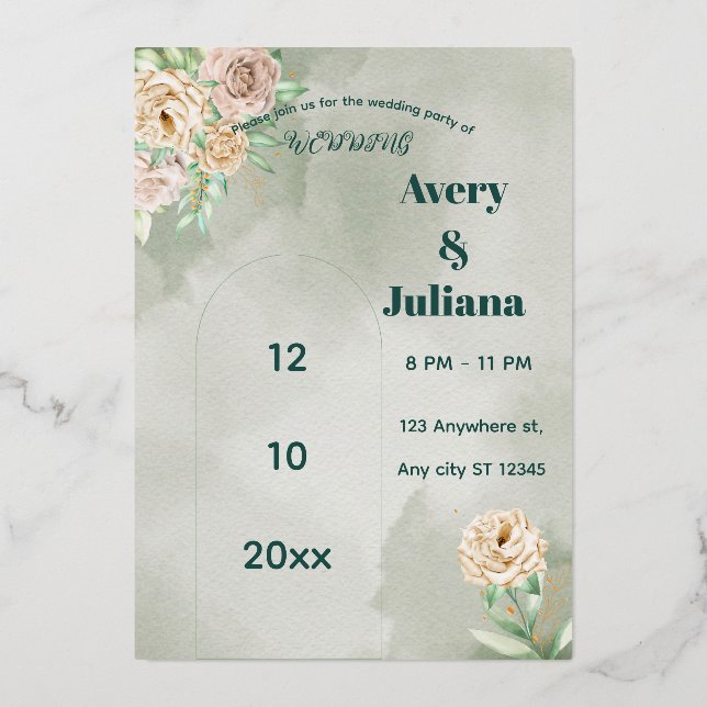 Earthy Shades Flowers Boho Elegant Sage Green  Foil Invitation (Front)
