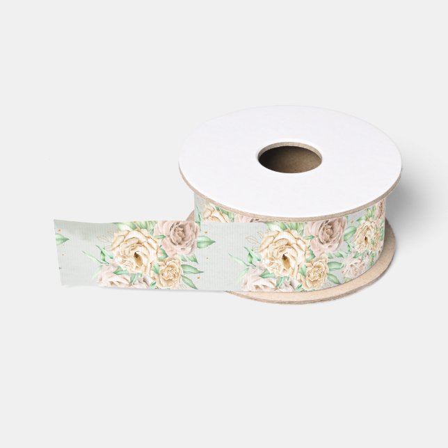 Earthy Shades Flowers Boho Elegant Sage Green Grosgrain Ribbon (Spool)