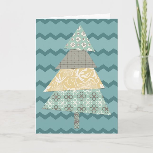 Earthy Teal Chevron Christmas Tree Holiday Card (Front)