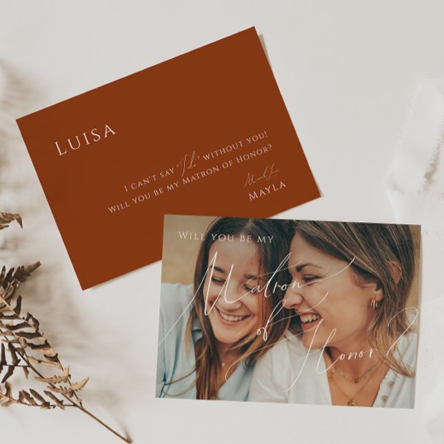 Earthy Terracotta Faded Photo Matron of Honor Card (Creator Uploaded)