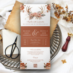 Earthy Terracotta Floral Antlers QR Code Wedding Tri-Fold Invitation