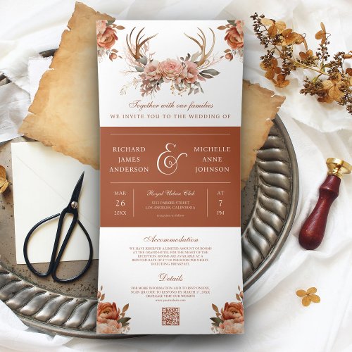Earthy Terracotta Floral Antlers QR Code Wedding Tri_Fold Invitation