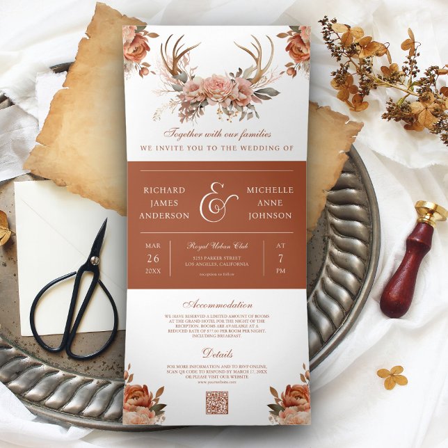 Earthy Terracotta Floral Antlers QR Code Wedding Tri-Fold Invitation (Creator Uploaded)