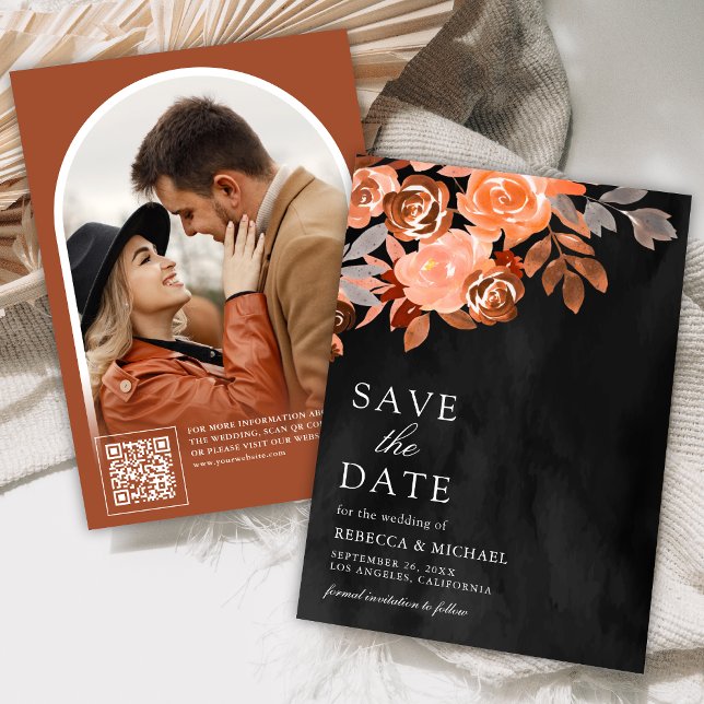Earthy Terracotta Floral Wedding Photo Black Save The Date (Creator Uploaded)