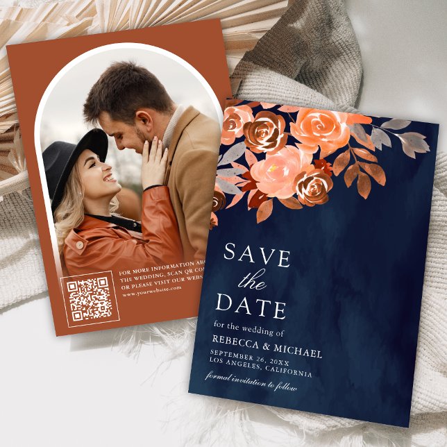 Earthy Terracotta Floral Wedding Photo Navy Blue Save The Date (Creator Uploaded)