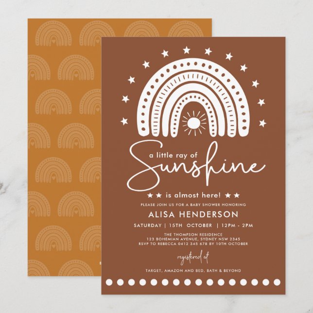 Earthy Terracotta Rainbow & Sunshine Baby Shower Invitation (Front/Back)