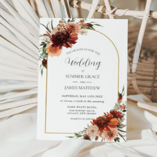 Earthy Terracotta Rust Floral Arch Wedding Invitation