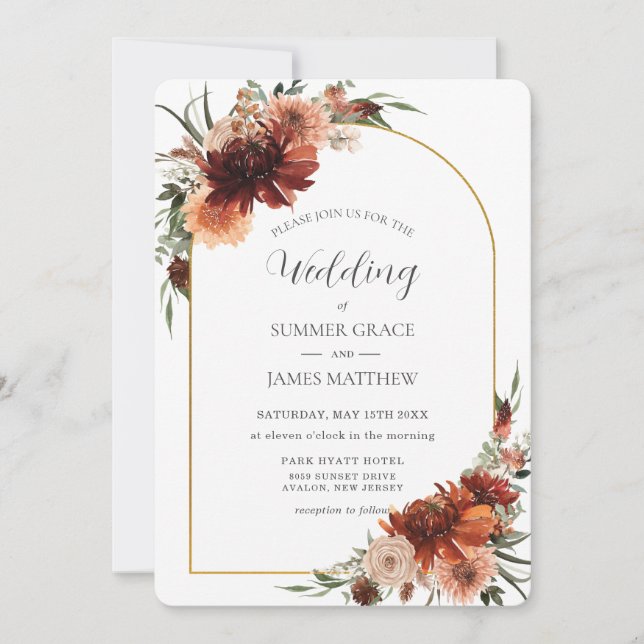 Earthy Terracotta Rust Floral Arch Wedding  Invitation (Front)